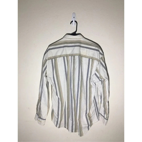 Mens Natural Issue Button Up Size Large Striped Navy Brown Green Casual - Picture 2 of 2